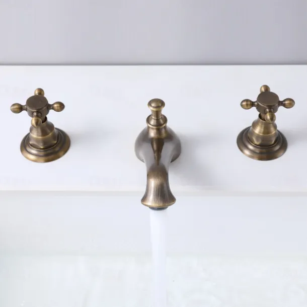 Bathroom Sink Faucet - Widespread Antique Brass Widespread Two Handles Three HolesBath Taps