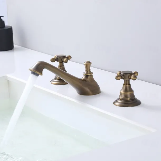 Bathroom Sink Faucet - Widespread Antique Brass Widespread Two Handles Three HolesBath Taps