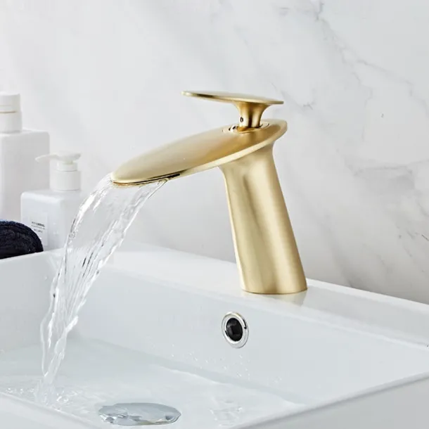 Bathroom Sink Faucet, Brass Waterfall Single Handle One Hole Modern Style Bath Taps with Hot and Cold Water