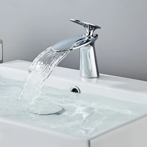 Bathroom Sink Faucet, Brass Waterfall Single Handle One Hole Modern Style Bath Taps with Hot and Cold Water