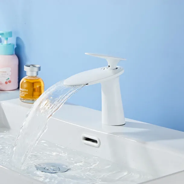 Bathroom Sink Faucet, Brass Waterfall Single Handle One Hole Modern Style Bath Taps with Hot and Cold Water