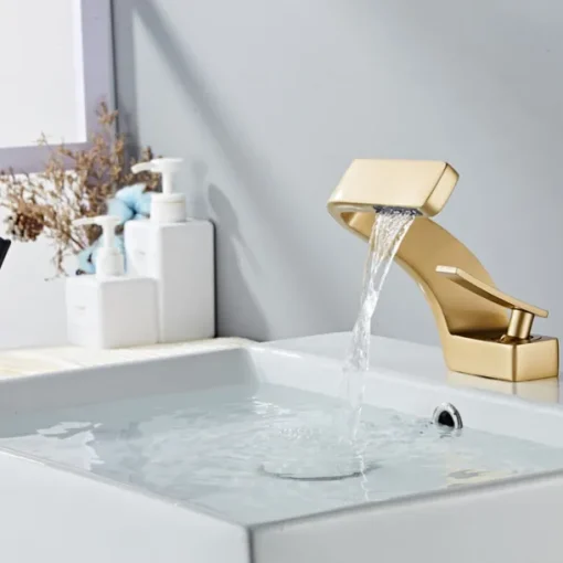 Bathroom Sink Faucet, 7-shaped Bend Waterfall Mixer Basin Taps Single Handle One Hole Vessel Taps with Hot and Cold Water Hose