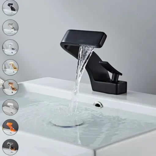 Bathroom Sink Faucet, 7-shaped Bend Waterfall Mixer Basin Taps Single Handle One Hole Vessel Taps with Hot and Cold Water Hose