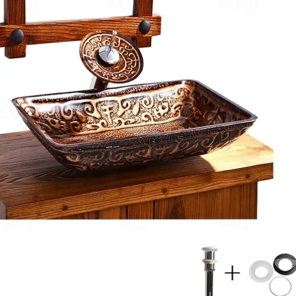 Bathroom Sink Faucet Suit Contain with Zinc Alloy Bathroom Mounting Ring Antique Tempered Glass Rectangular Vessel Sink and Brass Water Drain