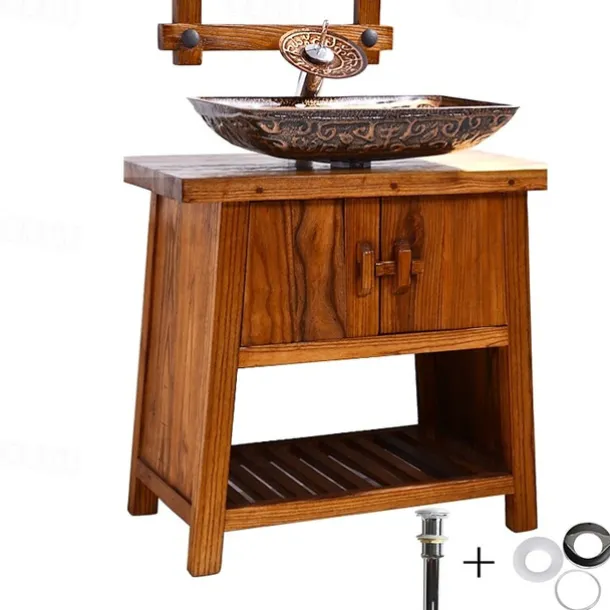 Bathroom Sink Faucet Suit Contain with Zinc Alloy Bathroom Mounting Ring Antique Tempered Glass Rectangular Vessel Sink and Brass Water Drain