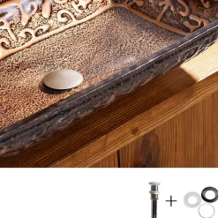 Bathroom Sink Faucet Suit Contain with Zinc Alloy Bathroom Mounting Ring Antique Tempered Glass Rectangular Vessel Sink and Brass Water Drain