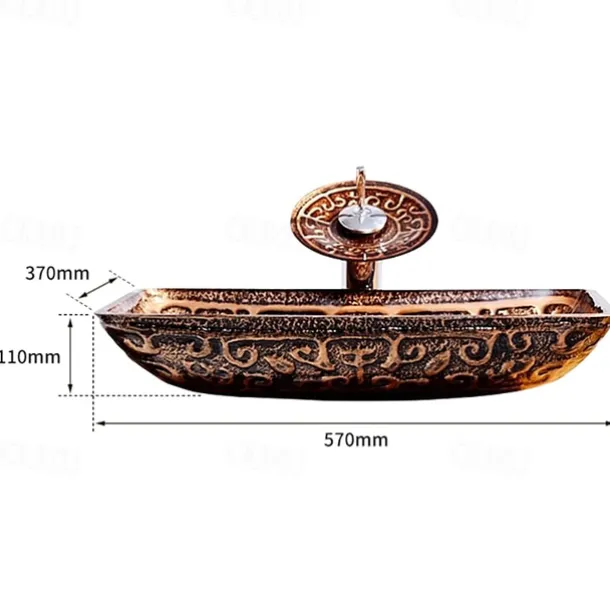 Bathroom Sink Faucet Suit Contain with Zinc Alloy Bathroom Mounting Ring Antique Tempered Glass Rectangular Vessel Sink and Brass Water Drain