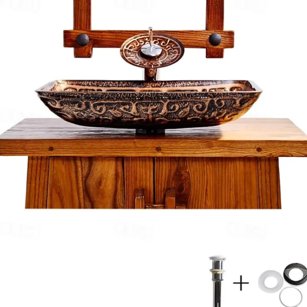 Bathroom Sink Faucet Suit Contain with Zinc Alloy Bathroom Mounting Ring Antique Tempered Glass Rectangular Vessel Sink and Brass Water Drain