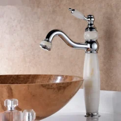 Bathroom Sink Faucet Ultra Faucets Euro Collection Gold with Stone Single Handle - One Hole Tall Body Deck Mount Lavatory Vessel Sink Faucet With Curved Spout