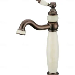 Bathroom Sink Faucet Ultra Faucets Euro Collection Gold with Stone Single Handle - One Hole Tall Body Deck Mount Lavatory Vessel Sink Faucet With Curved Spout