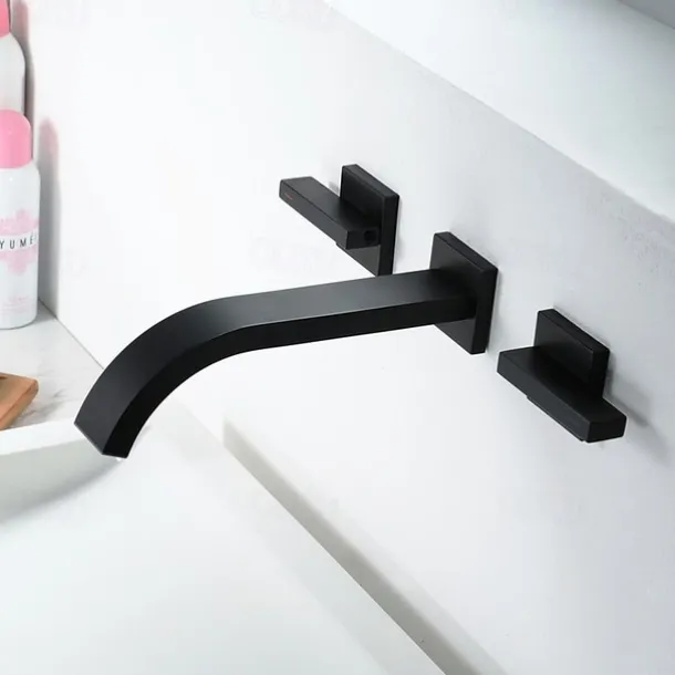 Bathroom Sink Faucet ,Wall Mount Brass Waterfall Widespread Black Two Handles Two Holes Bath Taps
