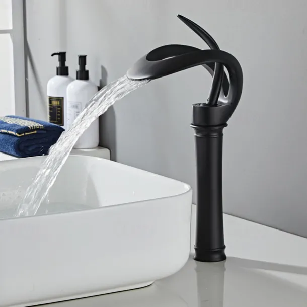Bathroom Sink Faucet Waterfall Spout, Brass Mixer Basin Taps, Single Handle One Hole Bath Taps Painted Finishes Tall Body Modern Style