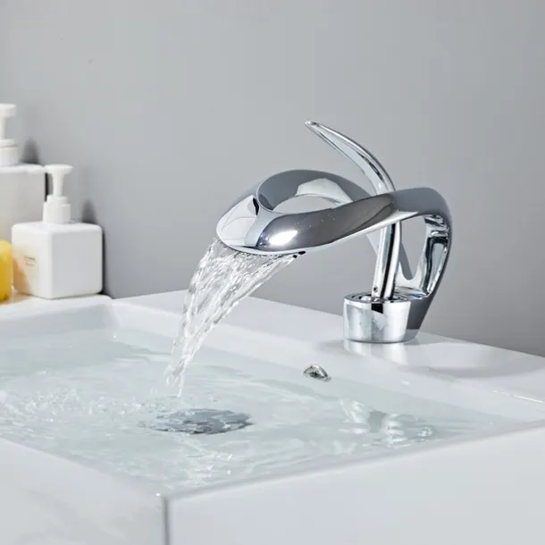 Bathroom Sink Faucet Waterfall Spout, Brass Mixer Basin Taps, Single Handle One Hole Bath Taps Painted Finishes Tall Body Modern Style