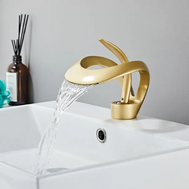 Bathroom Sink Faucet Waterfall Spout, Brass Mixer Basin Taps, Single Handle One Hole Bath Taps Painted Finishes Tall Body Modern Style