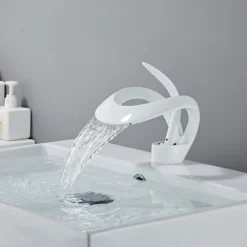 Bathroom Sink Faucet Waterfall Spout, Brass Mixer Basin Taps, Single Handle One Hole Bath Taps Painted Finishes Tall Body Modern Style