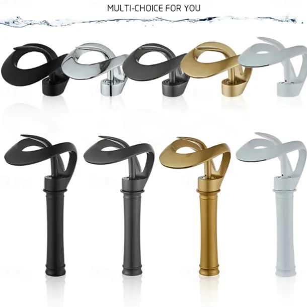 Bathroom Sink Faucet Waterfall Spout, Brass Mixer Basin Taps, Single Handle One Hole Bath Taps Painted Finishes Tall Body Modern Style