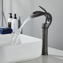 Bathroom Sink Faucet Waterfall Spout, Brass Mixer Basin Taps, Single Handle One Hole Bath Taps Painted Finishes Tall Body Modern Style