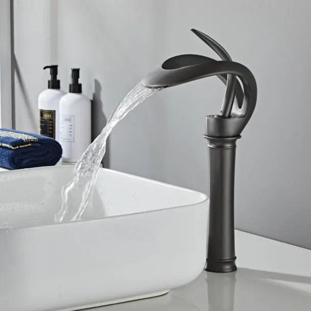 Bathroom Sink Faucet Waterfall Spout, Brass Mixer Basin Taps, Single Handle One Hole Bath Taps Painted Finishes Tall Body Modern Style