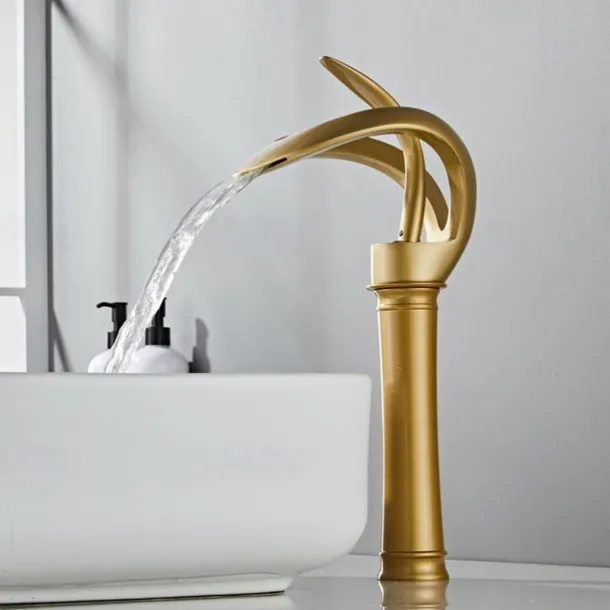 Bathroom Sink Faucet Waterfall Spout, Brass Mixer Basin Taps, Single Handle One Hole Bath Taps Painted Finishes Tall Body Modern Style
