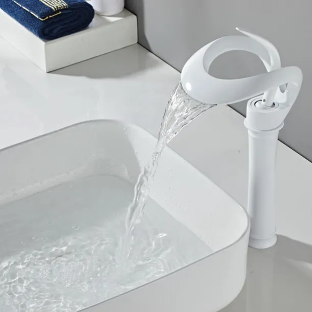 Bathroom Sink Faucet Waterfall Spout, Brass Mixer Basin Taps, Single Handle One Hole Bath Taps Painted Finishes Tall Body Modern Style