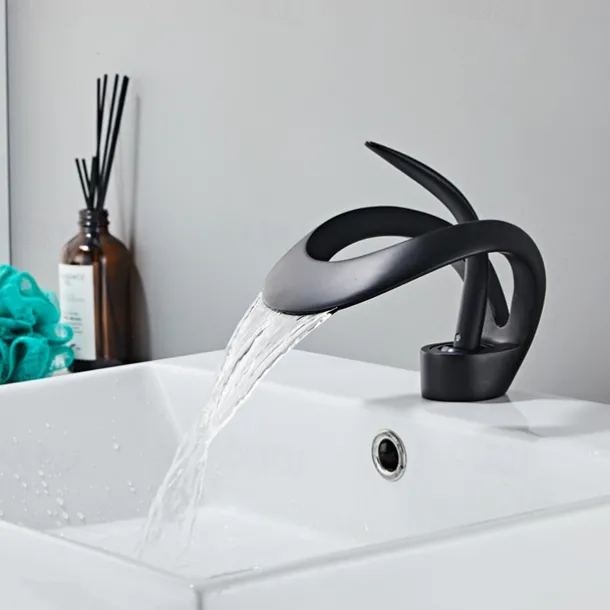 Bathroom Sink Faucet Waterfall Spout, Brass Mixer Basin Taps, Single Handle One Hole Bath Taps Painted Finishes Tall Body Modern Style