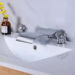 Bathroom Sink Faucet with Two Crystal Knob Handles Waterfall Matte Black/Chrome Deck Mounted Widespread 3 Holes Bathroom Faucets for Bathtub or Sink
