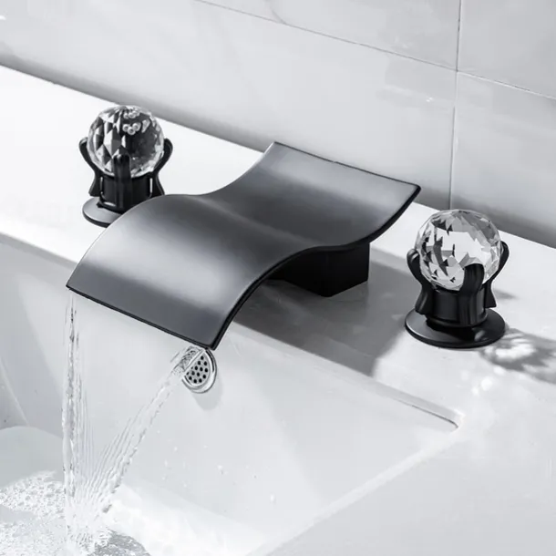 Bathroom Sink Faucet with Two Crystal Knob Handles Waterfall Matte Black/Chrome Deck Mounted Widespread 3 Holes Bathroom Faucets for Bathtub or Sink