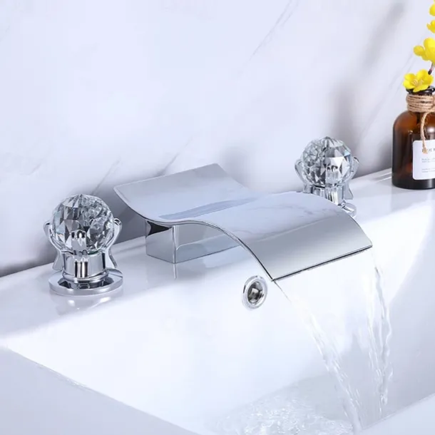 Bathroom Sink Faucet with Two Crystal Knob Handles Waterfall Matte Black/Chrome Deck Mounted Widespread 3 Holes Bathroom Faucets for Bathtub or Sink
