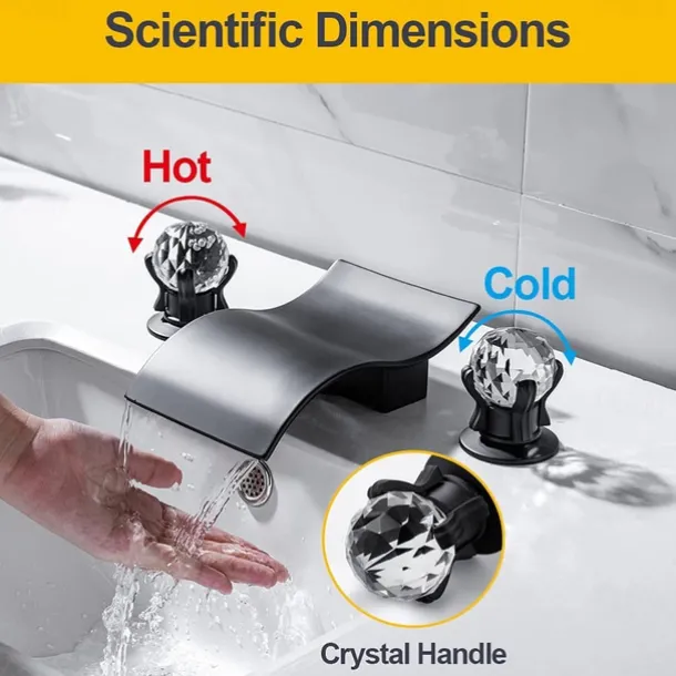 Bathroom Sink Faucet with Two Crystal Knob Handles Waterfall Matte Black/Chrome Deck Mounted Widespread 3 Holes Bathroom Faucets for Bathtub or Sink