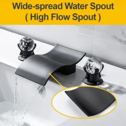Bathroom Sink Faucet with Two Crystal Knob Handles Waterfall Matte Black/Chrome Deck Mounted Widespread 3 Holes Bathroom Faucets for Bathtub or Sink