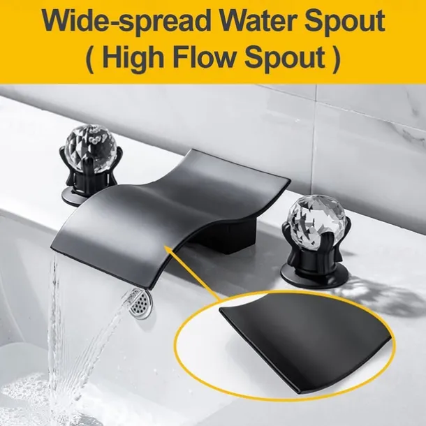 Bathroom Sink Faucet with Two Crystal Knob Handles Waterfall Matte Black/Chrome Deck Mounted Widespread 3 Holes Bathroom Faucets for Bathtub or Sink