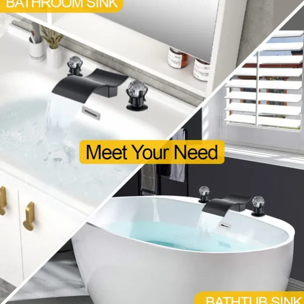 Bathroom Sink Faucet with Two Crystal Knob Handles Waterfall Matte Black/Chrome Deck Mounted Widespread 3 Holes Bathroom Faucets for Bathtub or Sink