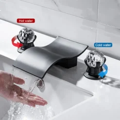 Bathroom Sink Faucet with Two Crystal Knob Handles Waterfall Matte Black/Chrome Deck Mounted Widespread 3 Holes Bathroom Faucets for Bathtub or Sink