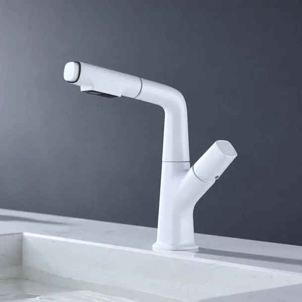 Bathroom Sink Faucet with Pull Out Spray,Brass Liftable 3-modes Electroplated / Painted Finishes Centerset Single Handle One Hole Lavatory Rotating Spout for Cold and Hot Water Bath Taps