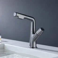 Bathroom Sink Faucet with Pull Out Spray,Brass Liftable 3-modes Electroplated / Painted Finishes Centerset Single Handle One Hole Lavatory Rotating Spout for Cold and Hot Water Bath Taps