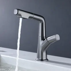 Bathroom Sink Faucet with Pull Out Spray,Brass Liftable 3-modes Electroplated / Painted Finishes Centerset Single Handle One Hole Lavatory Rotating Spout for Cold and Hot Water Bath Taps