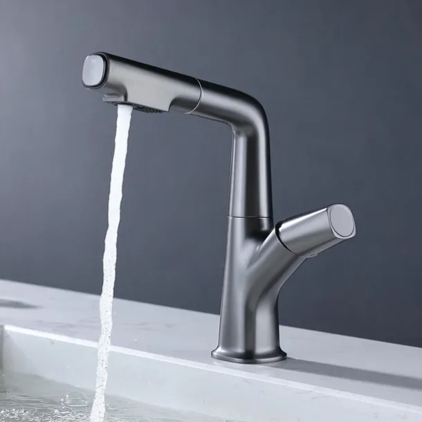 Bathroom Sink Faucet with Pull Out Spray,Brass Liftable 3-modes Electroplated / Painted Finishes Centerset Single Handle One Hole Lavatory Rotating Spout for Cold and Hot Water Bath Taps