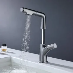 Bathroom Sink Faucet with Pull Out Spray,Brass Liftable 3-modes Electroplated / Painted Finishes Centerset Single Handle One Hole Lavatory Rotating Spout for Cold and Hot Water Bath Taps