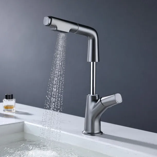 Bathroom Sink Faucet with Pull Out Spray,Brass Liftable 3-modes Electroplated / Painted Finishes Centerset Single Handle One Hole Lavatory Rotating Spout for Cold and Hot Water Bath Taps