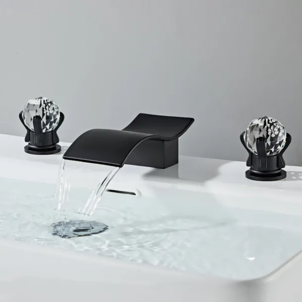 Bathroom Sink Faucet with Two Crystal Knob Handles Waterfall Matte Black/Chrome Deck Mounted Widespread 3 Holes Bathroom Faucets for Bathtub or Sink