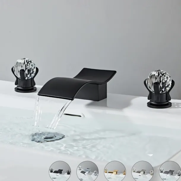 Bathroom Sink Faucet with Two Crystal Knob Handles Waterfall Matte Black/Chrome Deck Mounted Widespread 3 Holes Bathroom Faucets for Bathtub or Sink