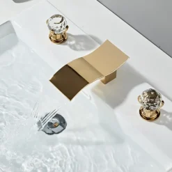 Bathroom Sink Faucet with Two Crystal Knob Handles Waterfall Matte Black/Chrome Deck Mounted Widespread 3 Holes Bathroom Faucets for Bathtub or Sink