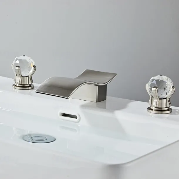 Bathroom Sink Faucet with Two Crystal Knob Handles Waterfall Matte Black/Chrome Deck Mounted Widespread 3 Holes Bathroom Faucets for Bathtub or Sink