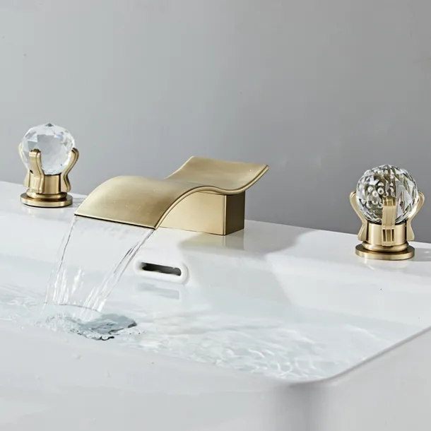 Bathroom Sink Faucet with Two Crystal Knob Handles Waterfall Matte Black/Chrome Deck Mounted Widespread 3 Holes Bathroom Faucets for Bathtub or Sink