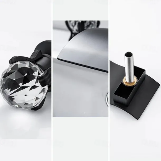 Bathroom Sink Faucet with Two Crystal Knob Handles Waterfall Matte Black/Chrome Deck Mounted Widespread 3 Holes Bathroom Faucets for Bathtub or Sink