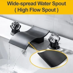 Bathroom Sink Faucet with Two Crystal Knob Handles Waterfall Matte Black/Chrome Deck Mounted Widespread 3 Holes Bathroom Faucets for Bathtub or Sink