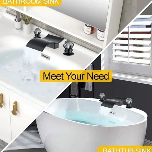 Bathroom Sink Faucet with Two Crystal Knob Handles Waterfall Matte Black/Chrome Deck Mounted Widespread 3 Holes Bathroom Faucets for Bathtub or Sink