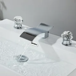 Bathroom Sink Faucet with Two Crystal Knob Handles Waterfall Matte Black/Chrome Deck Mounted Widespread 3 Holes Bathroom Faucets for Bathtub or Sink