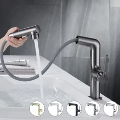 Bathroom Sink Faucet with Pull Out Spray,Brass 3-modes Electroplated / Painted Finishes Centerset Single Handle One Hole Lavatory Rotating Spout for Cold and Hot Water Bath Taps