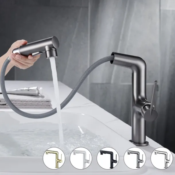 Bathroom Sink Faucet with Pull Out Spray,Brass 3-modes Electroplated / Painted Finishes Centerset Single Handle One Hole Lavatory Rotating Spout for Cold and Hot Water Bath Taps